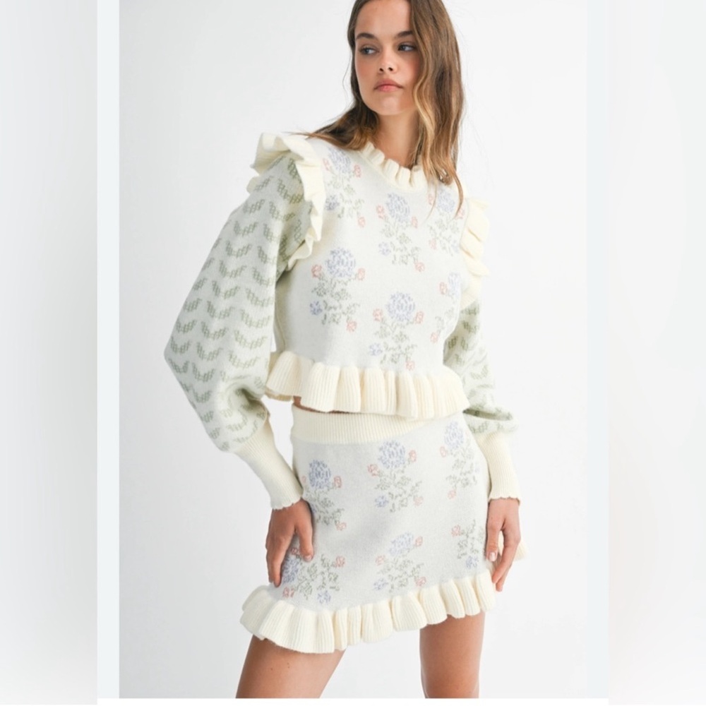 Floral Ruffle Knit Sweater in Cream